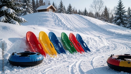 Group colorful sleds lined snow-covered slope different colors red yellow green blue black arranged row backgr