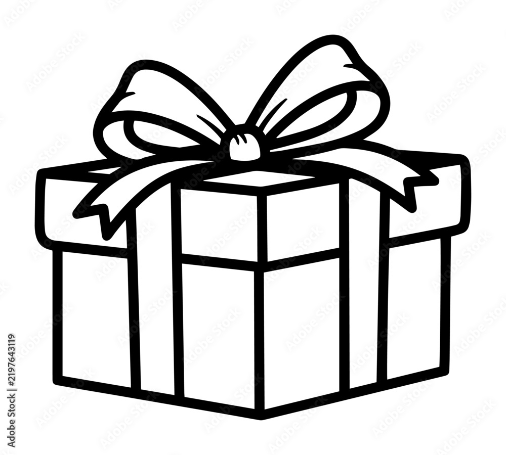 Obraz premium Gift box with big ribbon bow outline vector illustration, present surprise coloring book page for kids