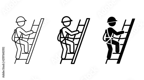 Set of construction worker icons climbing a ladder wearing a safety hard hat and harness for industrial work safety and site protection concept illustration
