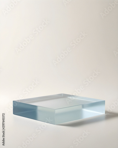 Architectural threshold formed by a thick frosted-glass pedestal with realistic supported weight, as one decisive focal grouping for technology and beauty launch imagery; brand backdrop; product