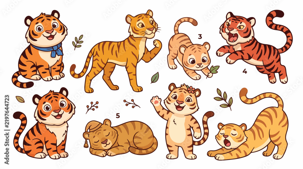 Obraz premium Playful Cartoon Tigers Collection Isolated on White Background
