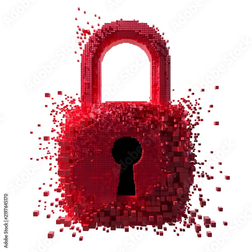Digital red padlock formed by pixels and data voxels concept for cyber attack or breach isolated on white background