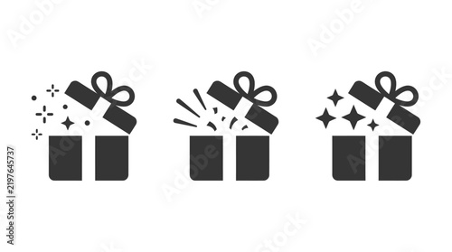 Three black gift box icons with open lids and sparkle effects representing a special surprise or celebration present collection for holiday and birthday marketing