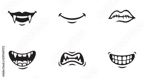 Black monster mouth icons set with vampire fangs and spooky smiles for halloween party decorations.