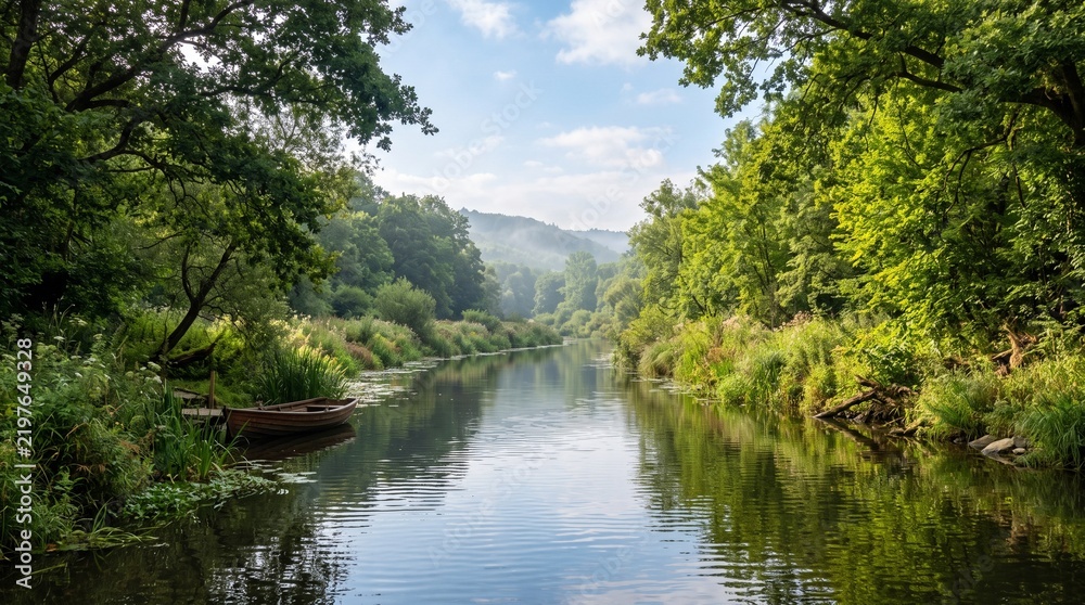 Obraz premium Lush green forest river flowing gently through dense foliage and trees under a partly cloudy blue sky.
