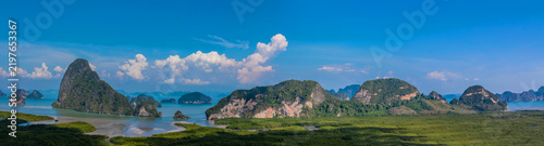 Samet Nang She viewpoint overlooking the spectacular landscape of Phang Nga Bay in southern Thailand, with towering limestone karst islands rising from the calm blue sea