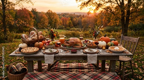 A festive outdoor Thanksgiving dinner table laden with roasted turkey, autumn harvest pumpkins, pies, and wine glasses at sunset. Family celebration in a countryside landscape with fall foliage.