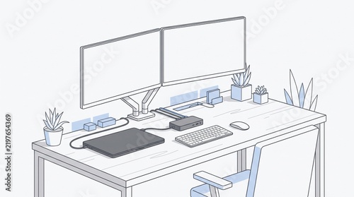 Hot desk docking station with dual monitors and laptop cable line art