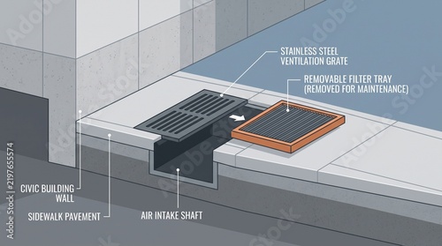 Sidewalk ventilation grate cutaway with removable filter tray