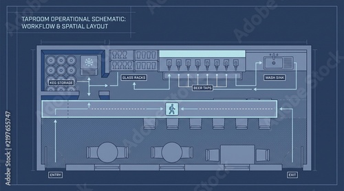Blueprint workflow diagram for a compact neighborhood taproom