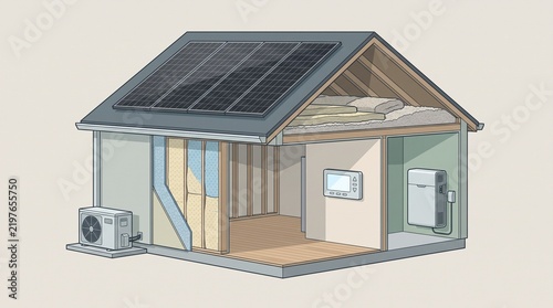 Detached house energy retrofit diagram with solar and heat pump