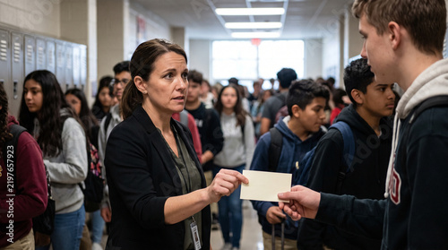 Room reassignment slip handoff in crowded school hallway between classes