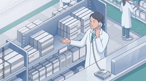 Empty shelf slot pharmacist phone consult in isometric pharmacy aisle