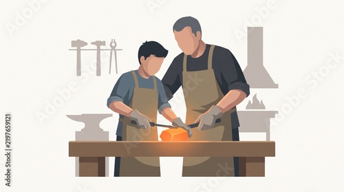 Master craftsman guiding apprentice hand on glowing raw material
