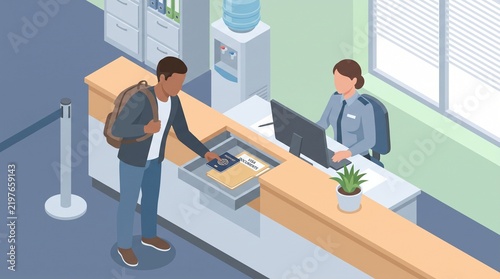 Student placing passport folder at a campus immigration counter