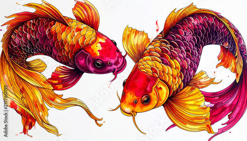 Two Colorful Koi Fish Swimming Together in Vibrant Zentangle Pattern Style Illustration Featuring Intricate Decorative Art And Graceful Aquatic Movement