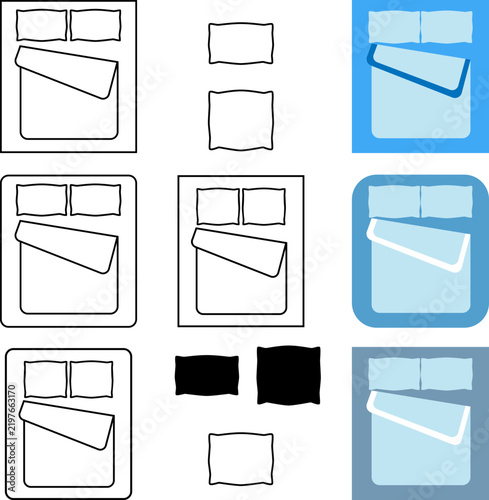 A schematic depiction of a bed with pillows and a blanket, icons.