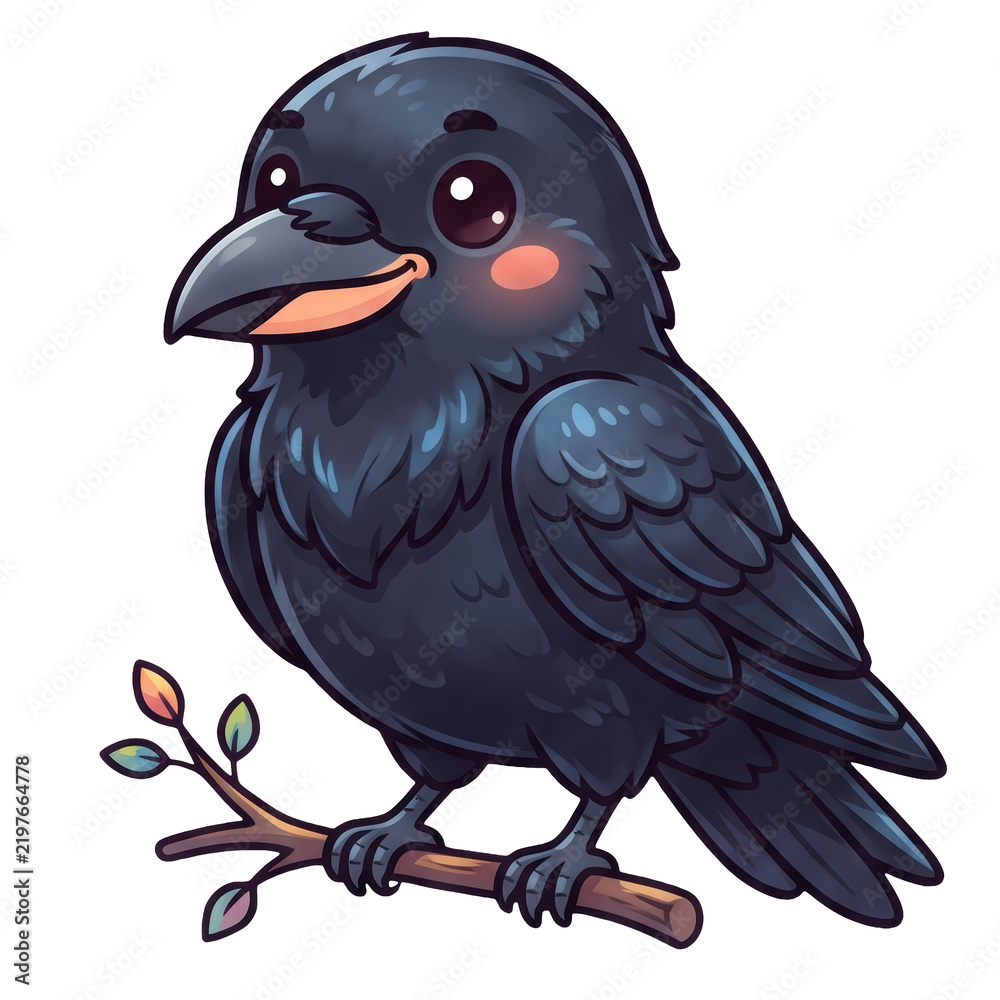 Obraz premium Cute cartoon black raven perched on a small tree branch isolated on white background