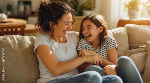 Joyful mother and preteen daughter sitting close on a textured linen sofa, tickling each other and laughing openly in a warmly sunlit cozy living room interior