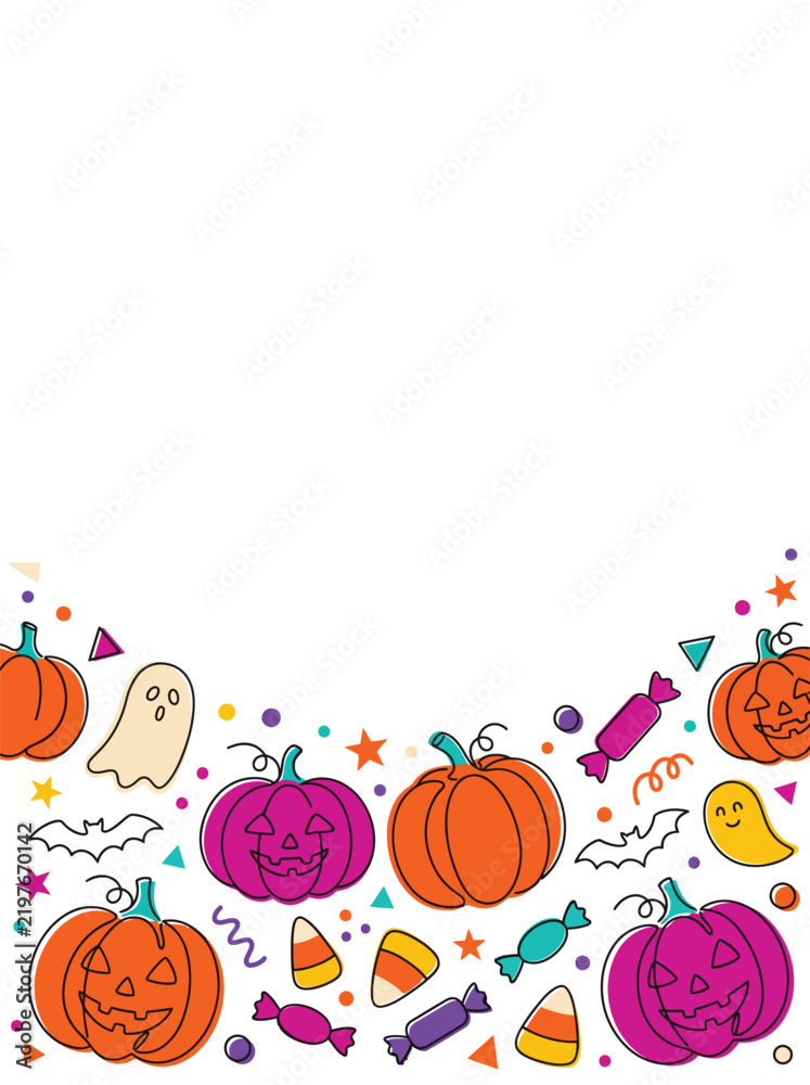 Fototapeta premium Playful Halloween poster background with vibrant doodle pumpkins and ghosts on white
