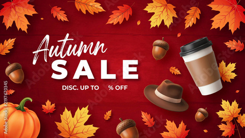 Autumn Sale Banner with Pumpkin, Maple Leaves, Coffee Cup and Acorns on Red Background