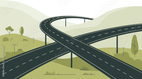Overlapping Highway Overpasses in a Stylized Landscape