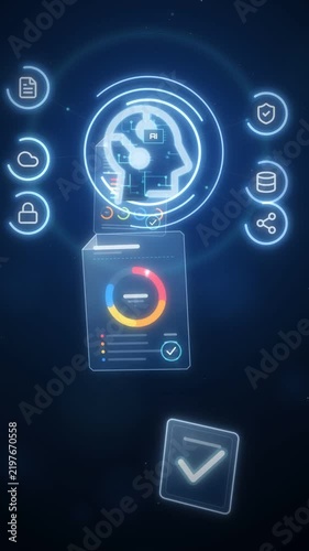 AI head icon surrounded by service icons and floating documents with checkmarks in vertical format