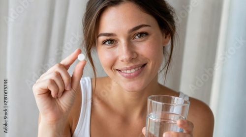 Smiling young woman holding white vitamin pill between fingertips, drinking clear glass of water, healthy lifestyle and daily supplement routine, close-up portrait