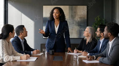 Confident Black female executive leading a corporate meeting in a modern boardroom, standing at a polished table and gesturing while presenting to a diverse group of professional colleagues.