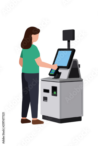 Hand-traced vector icon illustration of a shopper scanning items at a self-checkout kiosk in a modern retail store, customer using touchscreen payment terminal with card reader and barcode scanner