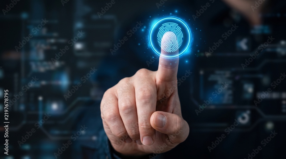 Obraz premium Finger with digital security icon for biometric authentication