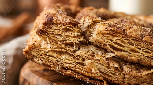 Flaky Pastry Layers, Golden Brown and Crisp, Showcasing Delicious Baking Textures. Food Photography, Dessert Concept, Culinary Artistry.
