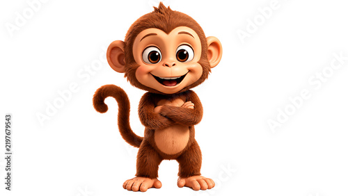 Cute smiling 3D cartoon monkey character standing isolated on a white background