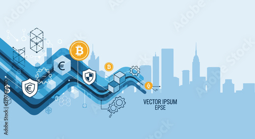 Cryptocurrency blockchain technology vector background, digital financial market growth with bitcoin and ethereum icons, fintech city skyline banner for crypto trading apps.