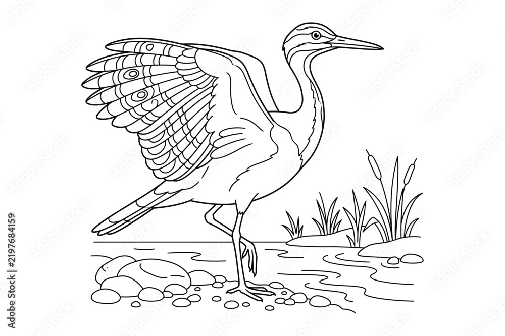 Obraz premium Heron standing on riverbank with spread wings line art illustration