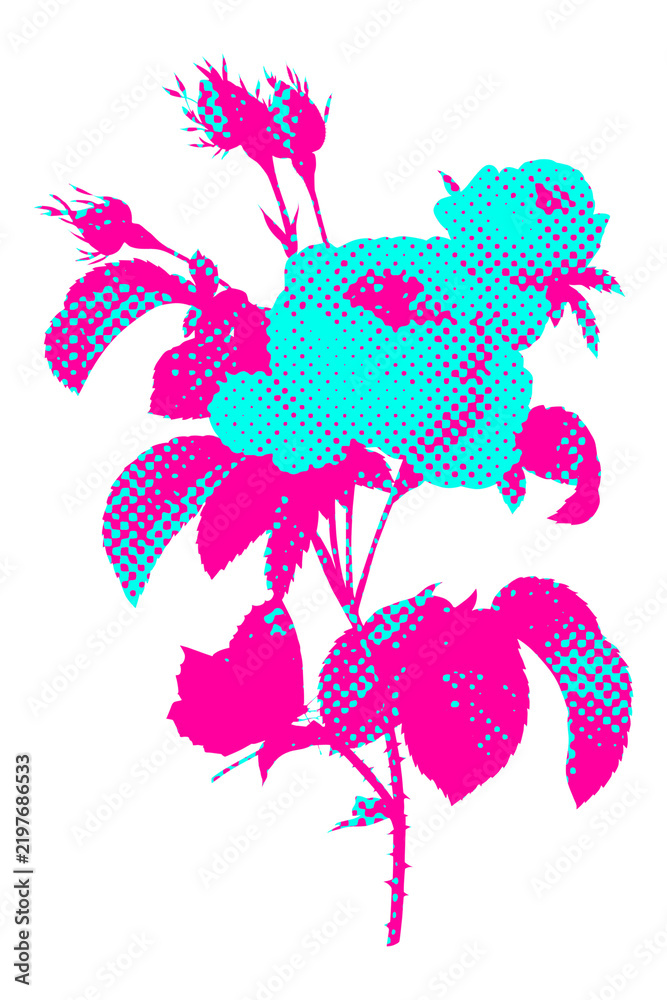 Obraz premium Hand drawn funky english rose halftone style sticker overlay