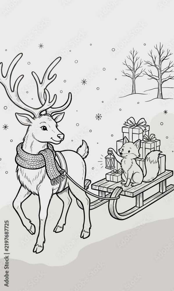 Fototapeta premium Reindeer pulling sled with gifts and a cat in a snowy landscape 
