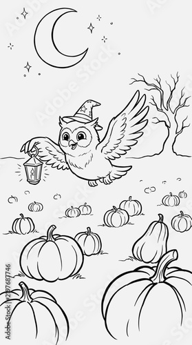 Owl carrying lantern over a pumpkin patch under a crescent moon  