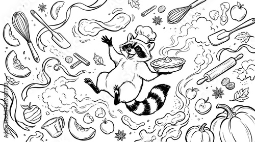 Raccoon cooking with kitchen utensils and ingredients in a fun coloring page  
