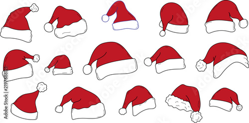 Hand drawn set of red Santa Claus hats isolated on white background. Cute cartoon Christmas and New Year caps collection. Creative doodle vector illustration for festive holiday designs, greeting card