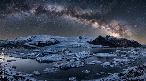 深夜の氷河と氷山が浮かぶ極寒の湖に広がる満天の星空と天の川