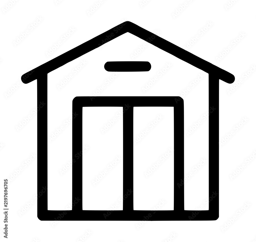 Fototapeta premium Clean minimalist black line art tool shed icon featuring a peaked roof and double doors, ideal for gardening, storage, workshop, outdoor storage facility, and garden building illustrations