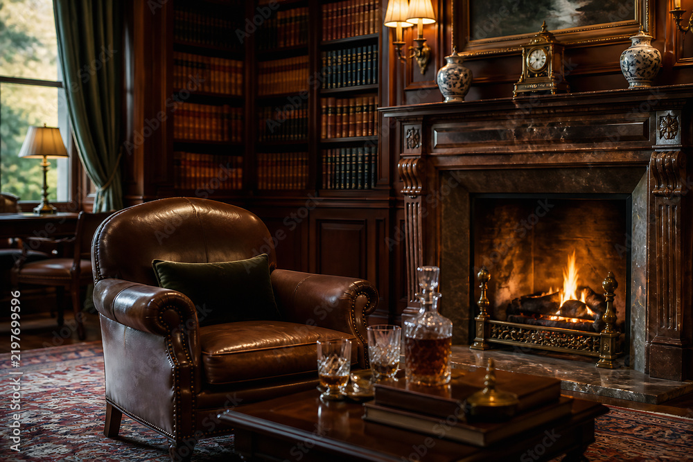 Obraz premium A richly decorated, dimly lit library interior featuring a leather armchair near a fireplace with a warm fire burning.