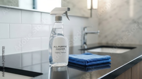 All-Purpose Cleaning Spray Bottle and Microfiber Cloth on Kitchen Counter.