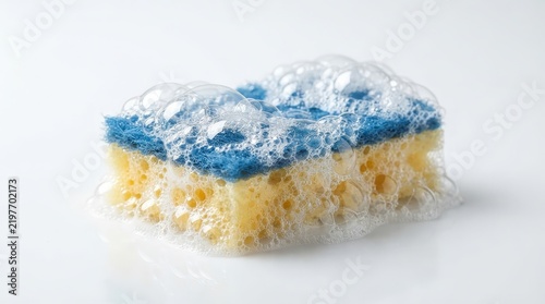 Cleaning sponge with soapy bubbles on white background.