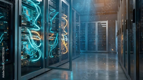 Illuminated fiber optic cables inside digital server room network
