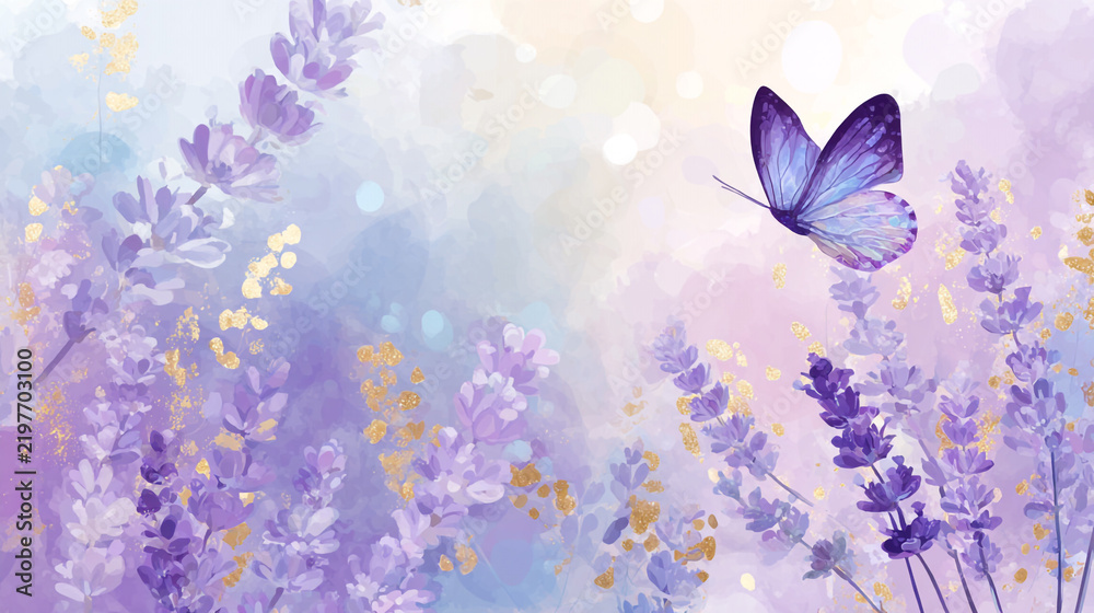 Fototapeta premium watercolor botanical butterfly and flowers texture template background. Design for wedding, vip cover, poster, rsvp moderncard.Valentine's Day 
