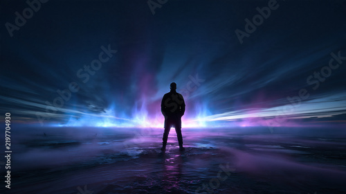 Silhouette of Man Facing Glowing Sci-Fi Horizon at Night