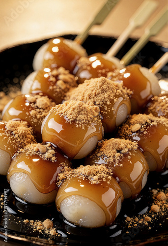 Japanese Dango Skewers with Glossy Brown Sauce and Roasted Soybean Powder