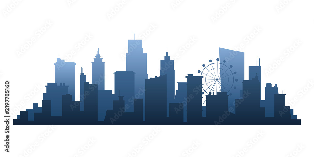 Obraz premium Blue silhouette cityscape png, transparent background